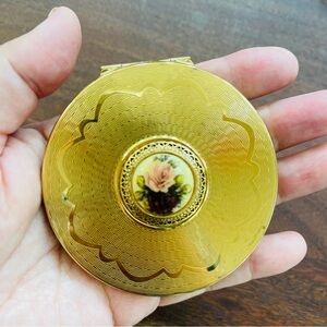 Vintage Stratton England Gold Tone Compact Double Mirror With Rose Design